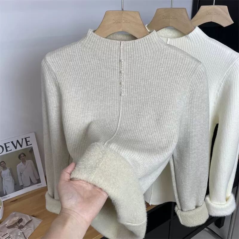 Ženski pleteni džemper od ice silk, uobičajene debljine, pola visokog ovratnika, rukavi princeze