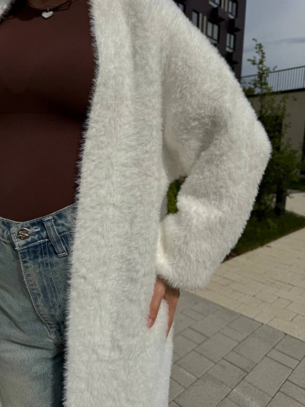 Ženski dugi pleteni kardigan, pahuljast i topao, bez ovratnika, dugi rukavi, jednobojan, kardigan stil, japansko-korejski ležerni stil, jesen zima, poliesterova smjesa