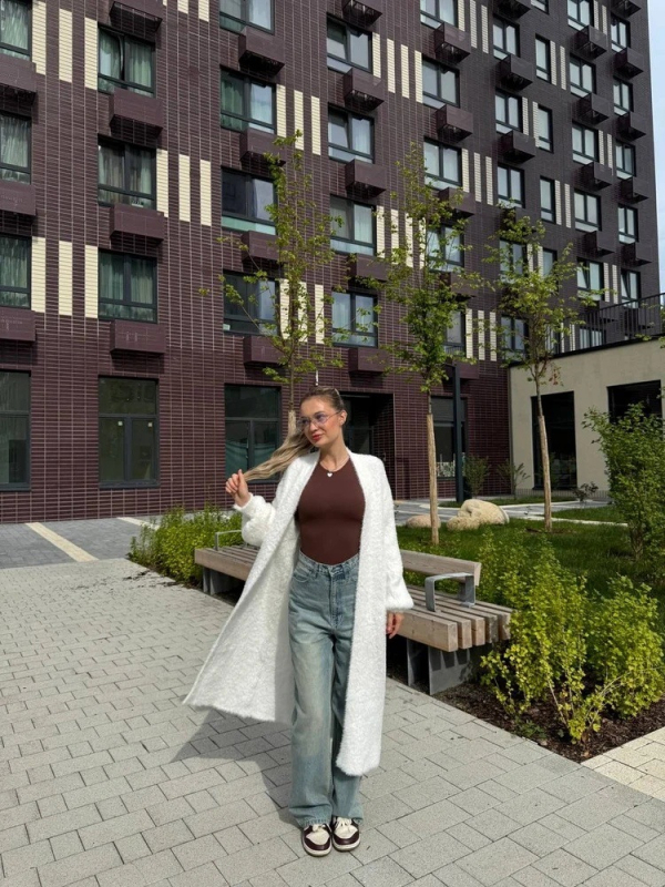 Ženski dugi pleteni kardigan, pahuljast i topao, bez ovratnika, dugi rukavi, jednobojan, kardigan stil, japansko-korejski ležerni stil, jesen zima, poliesterova smjesa