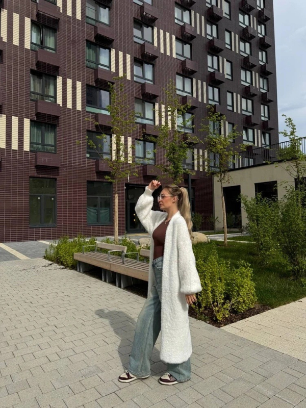 Ženski dugi pleteni kardigan, pahuljast i topao, bez ovratnika, dugi rukavi, jednobojan, kardigan stil, japansko-korejski ležerni stil, jesen zima, poliesterova smjesa