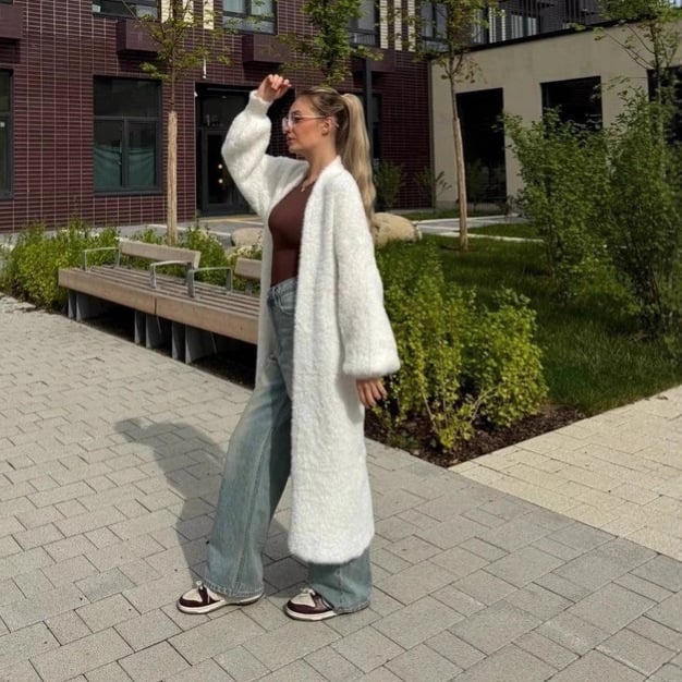 Ženski dugi pleteni kardigan, pahuljast i topao, bez ovratnika, dugi rukavi, jednobojan, kardigan stil, japansko-korejski ležerni stil, jesen zima, poliesterova smjesa