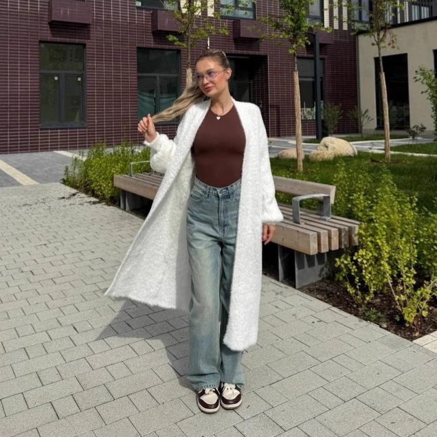 Ženski dugi pleteni kardigan, pahuljast i topao, bez ovratnika, dugi rukavi, jednobojan, kardigan stil, japansko-korejski ležerni stil, jesen zima, poliesterova smjesa