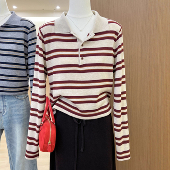 Trikotāžas tops ar poloko krekli un kontrastainām svītrām, garas piedurknes, parastā garums, >95% kokvilna