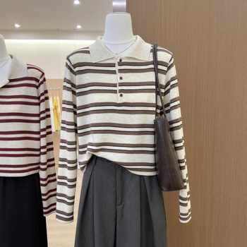 Trikotāžas tops ar poloko krekli un kontrastainām svītrām, garas piedurknes, parastā garums, >95% kokvilna