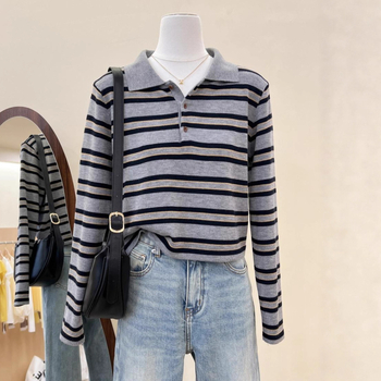 Trikotāžas tops ar poloko krekli un kontrastainām svītrām, garas piedurknes, parastā garums, >95% kokvilna