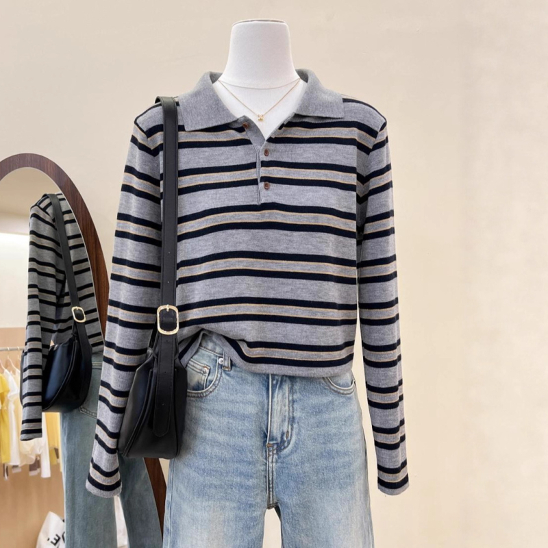 Trikotāžas tops ar poloko krekli un kontrastainām svītrām, garas piedurknes, parastā garums, >95% kokvilna