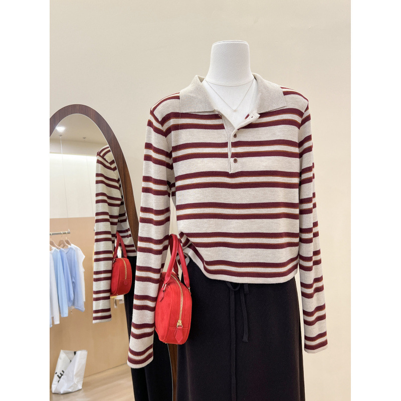 Trikotāžas tops ar poloko krekli un kontrastainām svītrām, garas piedurknes, parastā garums, >95% kokvilna