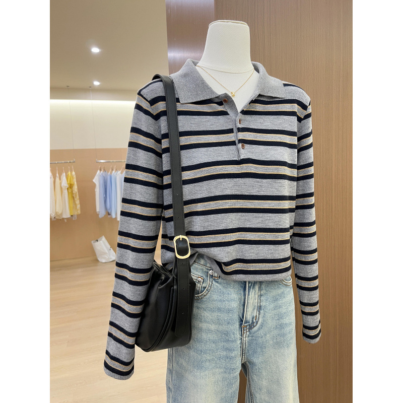 Trikotāžas tops ar poloko krekli un kontrastainām svītrām, garas piedurknes, parastā garums, >95% kokvilna