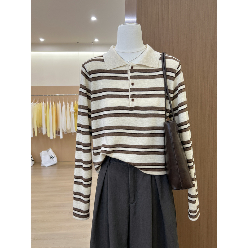 Trikotāžas tops ar poloko krekli un kontrastainām svītrām, garas piedurknes, parastā garums, >95% kokvilna