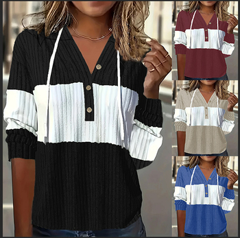 Női kapucnis, hosszú ujjú felső paneles dizájnnal (laza szabás; V-nyak; hosszú ujj)