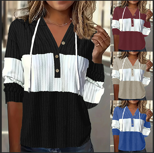 Női kapucnis, hosszú ujjú felső paneles dizájnnal (laza szabás; V-nyak; hosszú ujj)