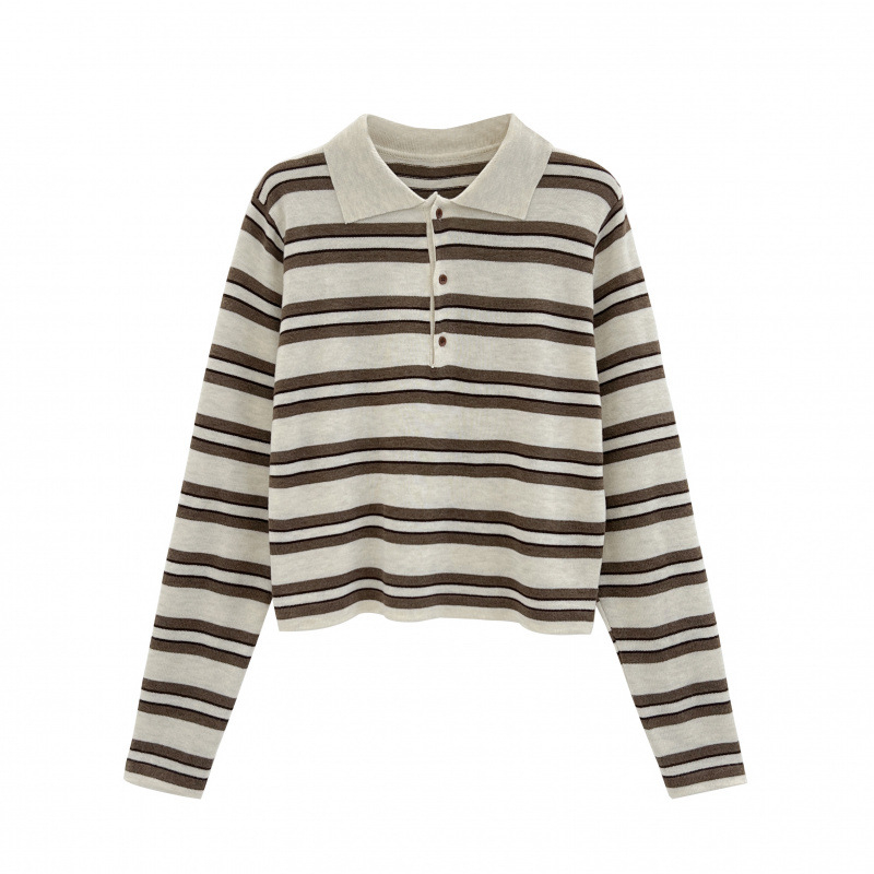 Kokvilnas adīts slāņots tops ar augstu apkakli un svītrainu rakstu, plandošām piedurknēm, Korejas ielu stils