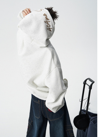 Duks s kapuljom od flisa s tiskom američkih slova, poliester materijal, fleece podstava, širok kroj