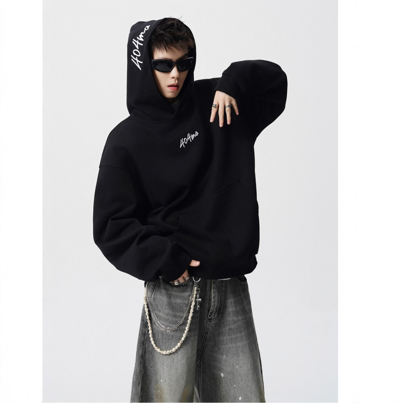 Duks s kapuljom od flisa s tiskom američkih slova, poliester materijal, fleece podstava, širok kroj