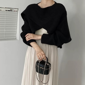 Пуловер с качулка, свободен силует, дълги ръкави, ултра къса дължина, акрил-полиестер плетка, едноцветен дизайн, японско-корейски ежедневен стил