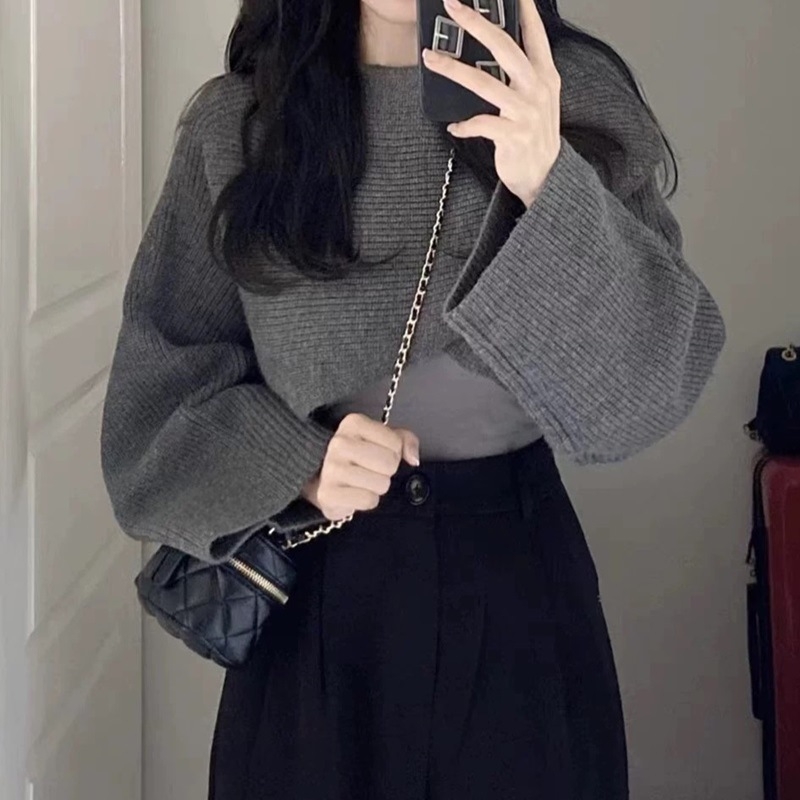 Пуловер с качулка, свободен силует, дълги ръкави, ултра къса дължина, акрил-полиестер плетка, едноцветен дизайн, японско-корейски ежедневен стил