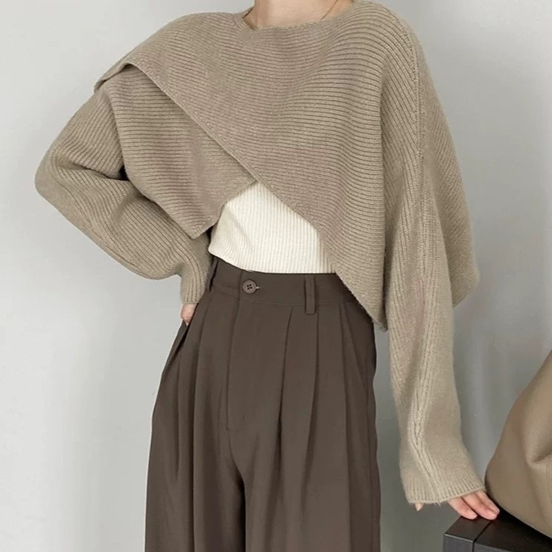 Пуловер с качулка, свободен силует, дълги ръкави, ултра къса дължина, акрил-полиестер плетка, едноцветен дизайн, японско-корейски ежедневен стил