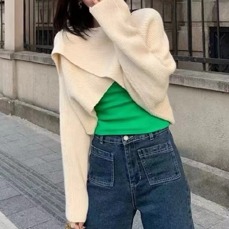 Пуловер с качулка, свободен силует, дълги ръкави, ултра къса дължина, акрил-полиестер плетка, едноцветен дизайн, японско-корейски ежедневен стил