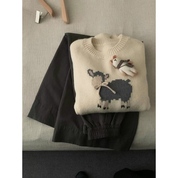 Ženski jacquard džemper za jesen-zimu, opuštenog kroja, okrugli izrez, poliester-spandeks smjesa s Ice Silk, jednodelni dizajn
