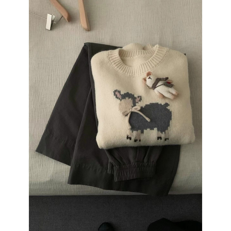Ženski jacquard džemper za jesen-zimu, opuštenog kroja, okrugli izrez, poliester-spandeks smjesa s Ice Silk, jednodelni dizajn