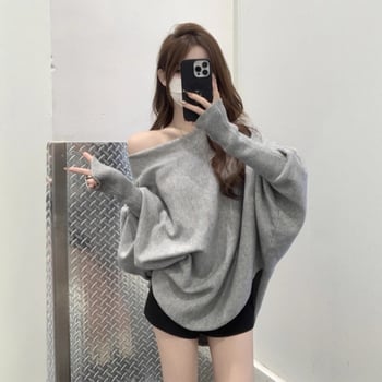 Ženski pleteni džemper s rukavima nalik na netopira i otvorenim ramenima, ležerni kroj, gusti pleteni materijal, 3D uzorak