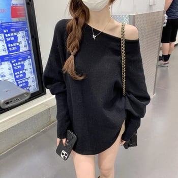 Ženski pleteni džemper s rukavima nalik na netopira i otvorenim ramenima, ležerni kroj, gusti pleteni materijal, 3D uzorak