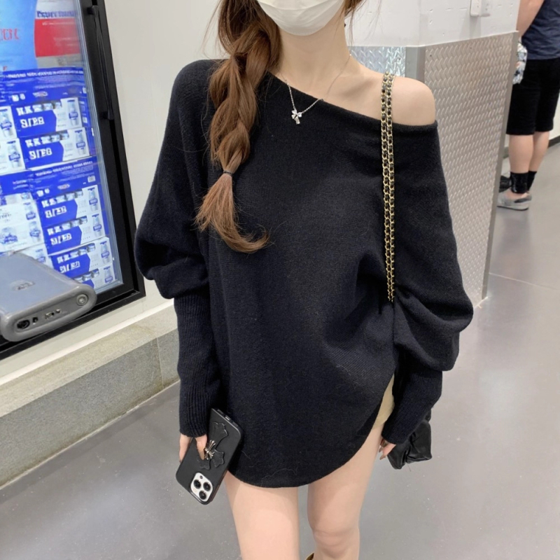 Ženski pleteni džemper s rukavima nalik na netopira i otvorenim ramenima, ležerni kroj, gusti pleteni materijal, 3D uzorak