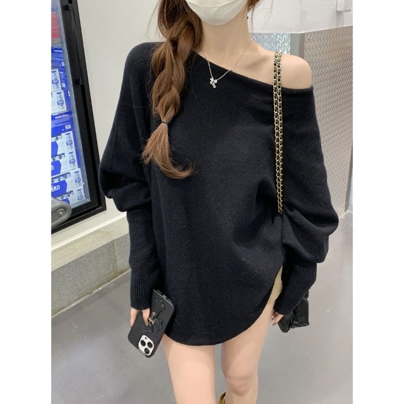 Ženski pleteni džemper s rukavima nalik na netopira i otvorenim ramenima, ležerni kroj, gusti pleteni materijal, 3D uzorak