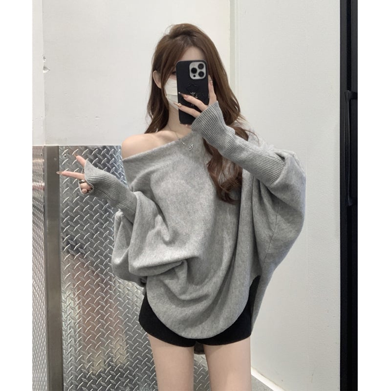 Ženski pleteni džemper s rukavima nalik na netopira i otvorenim ramenima, ležerni kroj, gusti pleteni materijal, 3D uzorak