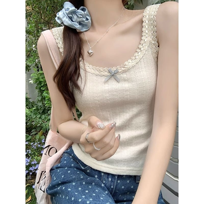 Slings top s čipkovanou mašičkou z Ice Silk, štíhly strih, krátka dĺžka 40–50 cm, mikroelastický