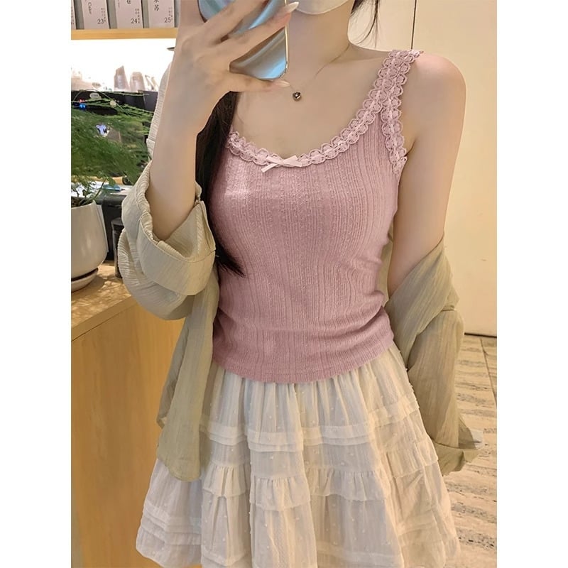 Slings top s čipkovanou mašičkou z Ice Silk, štíhly strih, krátka dĺžka 40–50 cm, mikroelastický