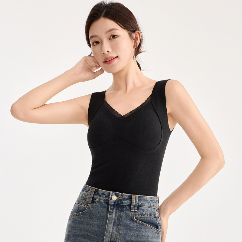 Női gyapjú termoszál mellény csipkével és applikációkkal, beépített melltámasz és belső felső, dupla réteg, V-nyakú, 251–300 g/m²