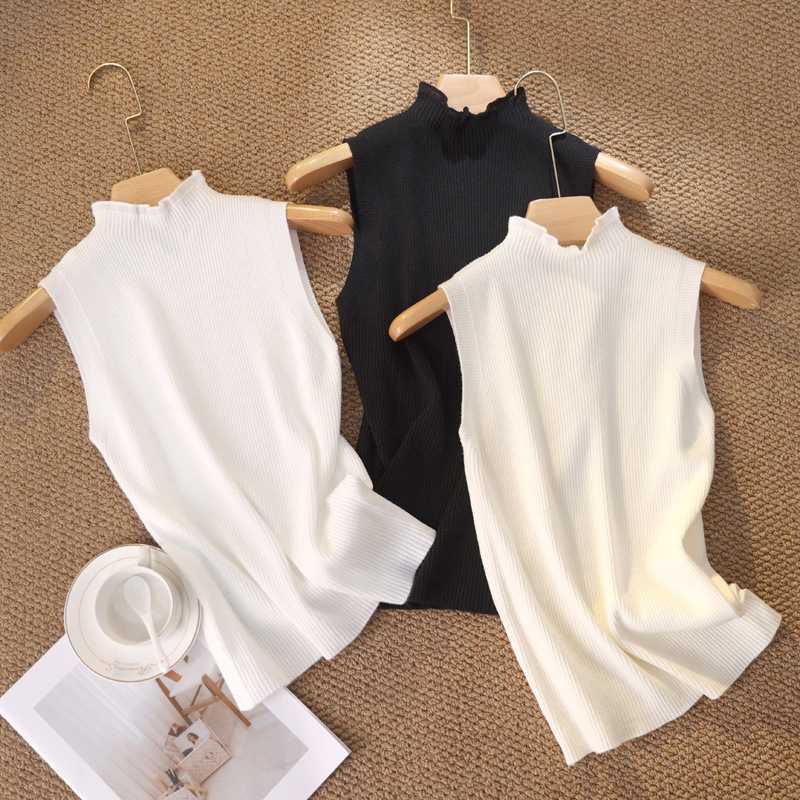 Női kötött ujjatlan alapszínű felső csipkés álló gallérral, egyszínű poliészter kötés, mikroelasztikusság