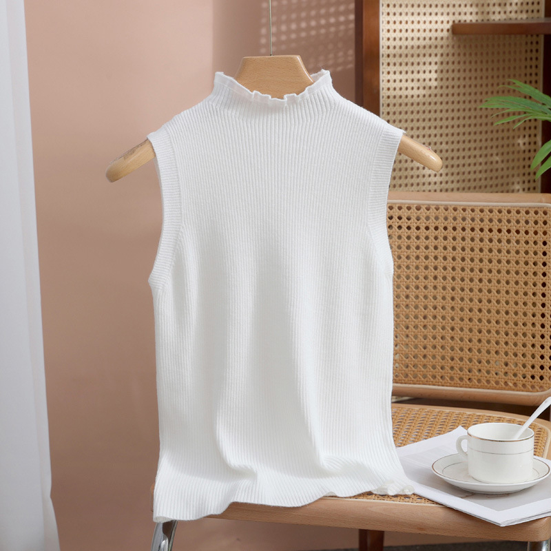 Női kötött ujjatlan alapszínű felső csipkés álló gallérral, egyszínű poliészter kötés, mikroelasztikusság