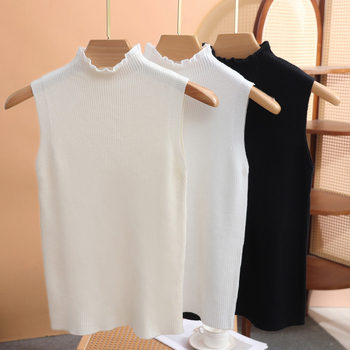 Dámske bezrukovové základné tielko s čipkovaným golierom a stojatým golierom, pletený materiál, I-tvar, polyester 90–95%, spandex <30%