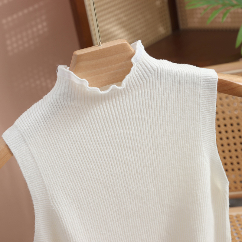 Dámske bezrukovové základné tielko s čipkovaným golierom a stojatým golierom, pletený materiál, I-tvar, polyester 90–95%, spandex <30%