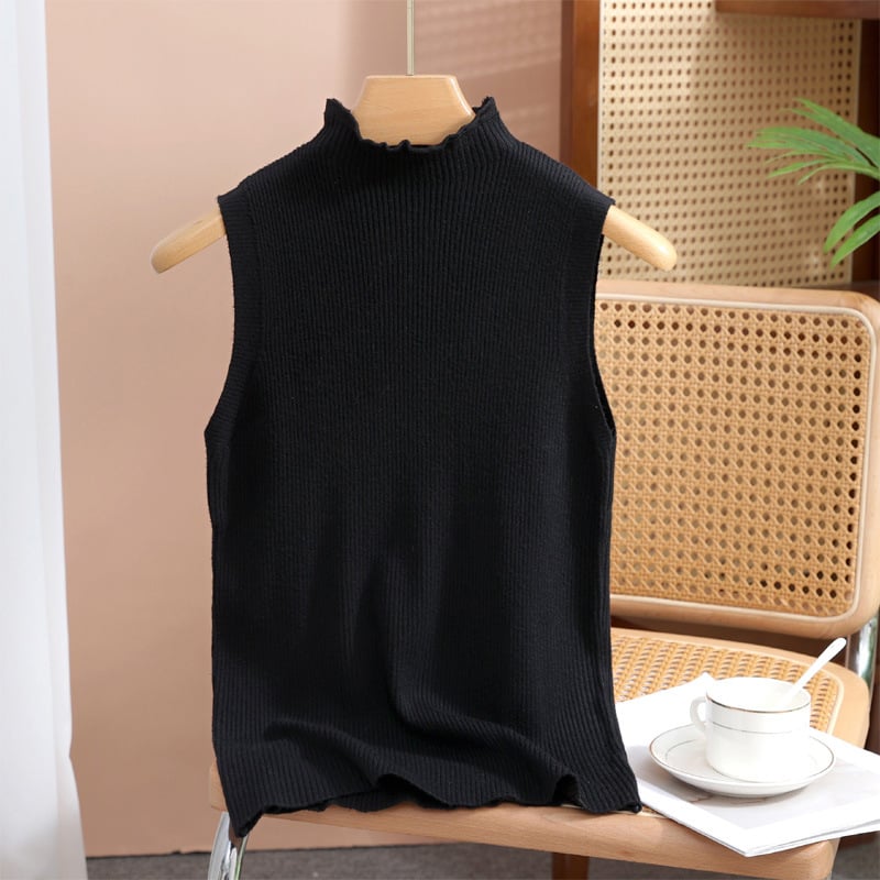 Dámske bezrukovové základné tielko s čipkovaným golierom a stojatým golierom, pletený materiál, I-tvar, polyester 90–95%, spandex <30%
