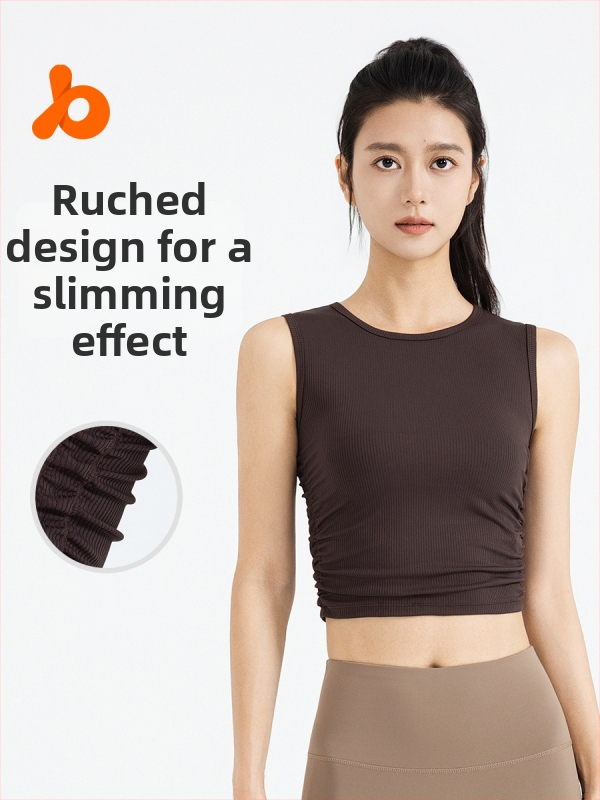 Moteriškas be rankovių sportinis toppas jogai su dvigubais raukšlėjimais ir ribinės tekstūros, greitas džiūvimas, poliesterio/elastano pluoštas, sudėtis 82,5% + 17,5%, Slim Fit