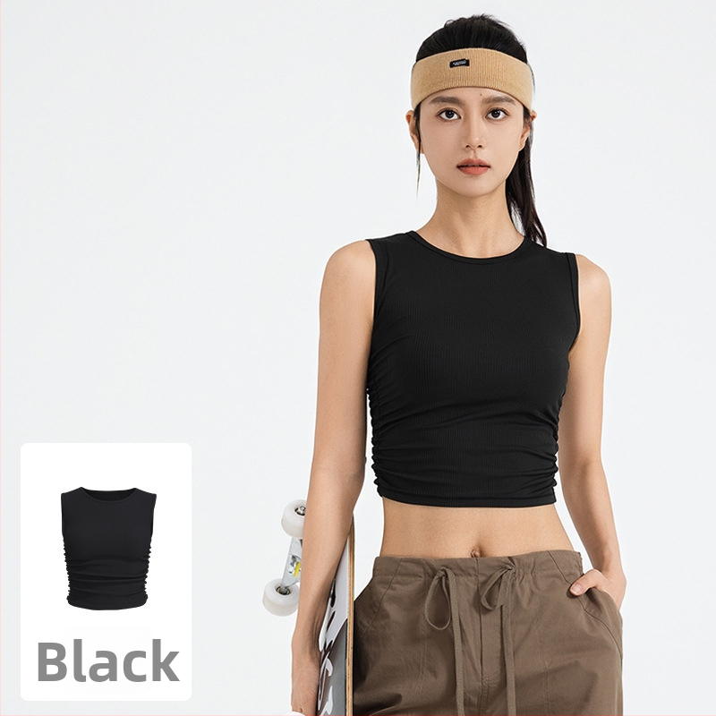 Moteriškas be rankovių sportinis toppas jogai su dvigubais raukšlėjimais ir ribinės tekstūros, greitas džiūvimas, poliesterio/elastano pluoštas, sudėtis 82,5% + 17,5%, Slim Fit