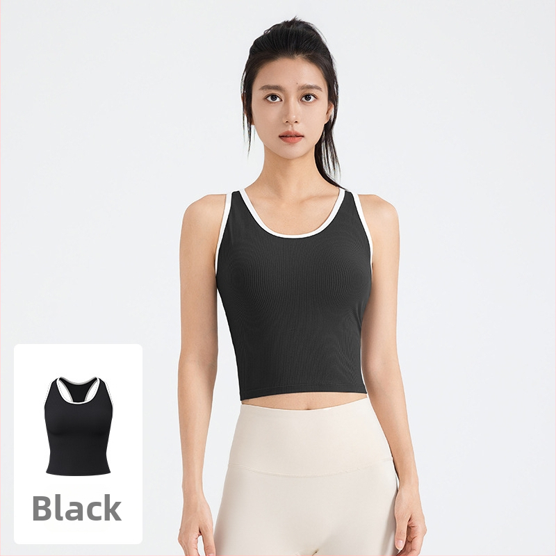 Moterų jogos liemenė – siauras kirpimas, ilgis iki bamba, poliesterio pluoštas, sudėtis 82,5% poliesteris + 17,5% spandeks, su krūties pagalvėlėmis