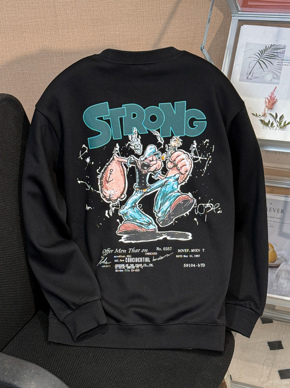 Ανδρικό φούτερ από βαμβάκι με επένδυση φλίς, στρογγυλό λαιμό, μακριά μανίκια, κεντημένο σχέδιο καρτούν