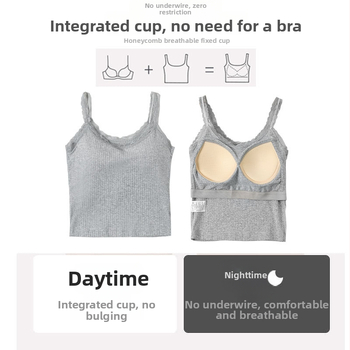 Medvilninė camisole su krūties įdėklais, apvalus kaklo iškirptė, nėrinių detalės, siauras kirpimas — 90–95% medvilnė, vidutinio tankio audinys 181–200 g/m²