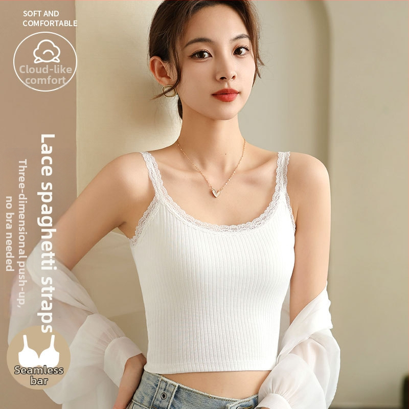 Moteriška medvilninė kamizolė su putplasčio pagalvėle ir nėriniu, apvalus kaklo iškirpimas, petnešėlės, vidutinio svorio audinys (181–200 g/m²), 90–95% medvilnė