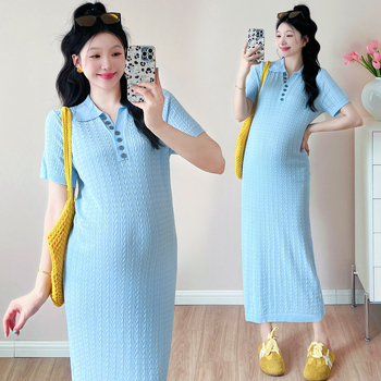 Trudnička haljina – ljetna tanka pletenina s polo ovratnikom, rukav 3/4, A-linija, midi duljina