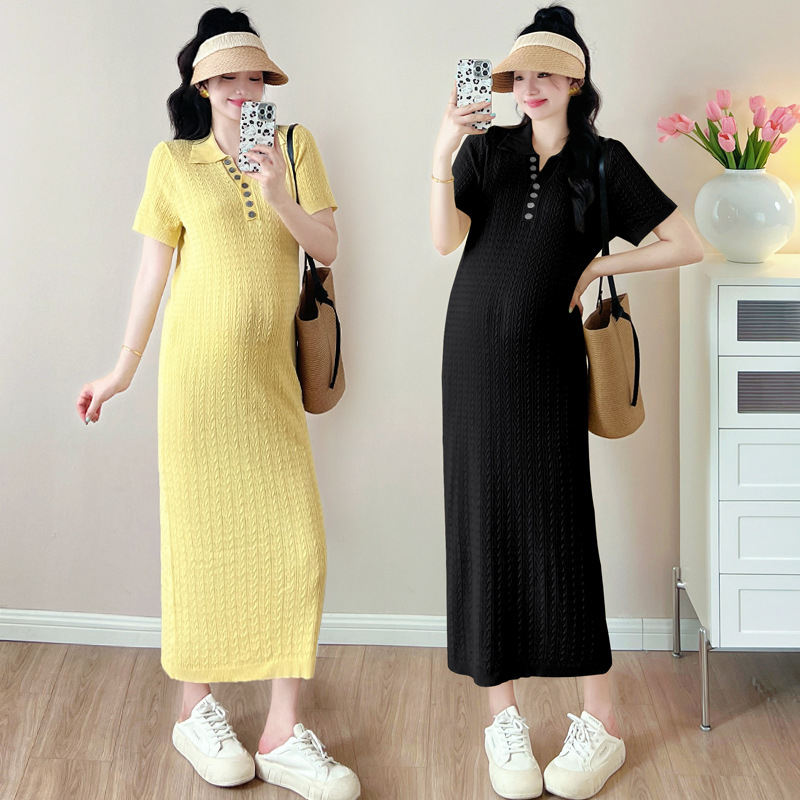 Trudnička haljina – ljetna tanka pletenina s polo ovratnikom, rukav 3/4, A-linija, midi duljina