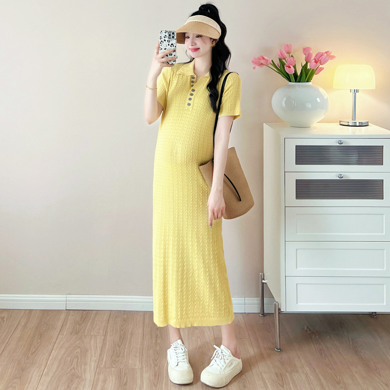 Trudnička haljina – ljetna tanka pletenina s polo ovratnikom, rukav 3/4, A-linija, midi duljina