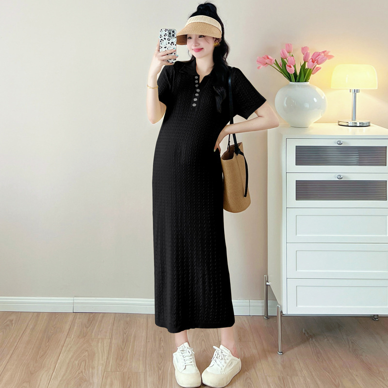 Trudnička haljina – ljetna tanka pletenina s polo ovratnikom, rukav 3/4, A-linija, midi duljina