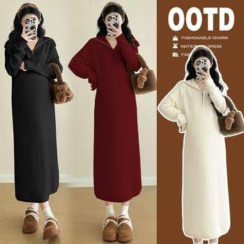 Trudnička haljina s pletenim ovratnikom, dugi rukavi, vuneno–mješani materijal, viskozna 30–50% sadržaja, midi duljine patchwork suknja