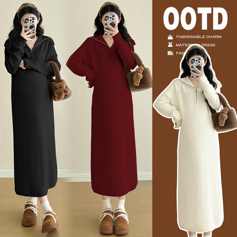 Trudnička haljina s pletenim ovratnikom, dugi rukavi, vuneno–mješani materijal, viskozna 30–50% sadržaja, midi duljine patchwork suknja