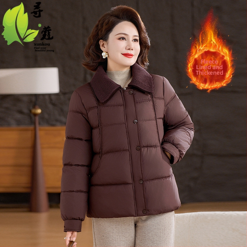 Moteriškas medvilninio paltas su fliso apdaila, storas ir šiltas, tinka 40–60 metų moterims, su apykakle reveru ir užtrauktuku, ilgis 50–65 cm